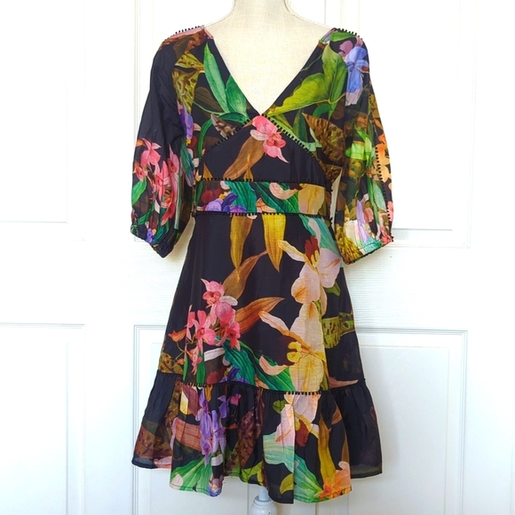 Karen Millen Dark Tropical Cotton Voile Puff Shoulder Mini - Picture 5 of 11